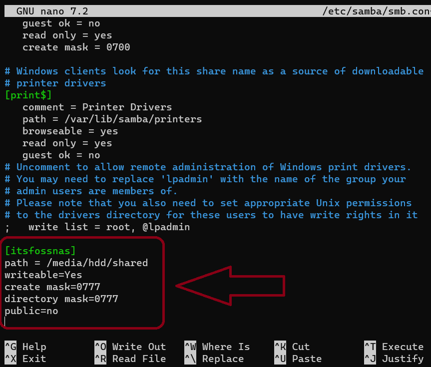 Editing samba config file