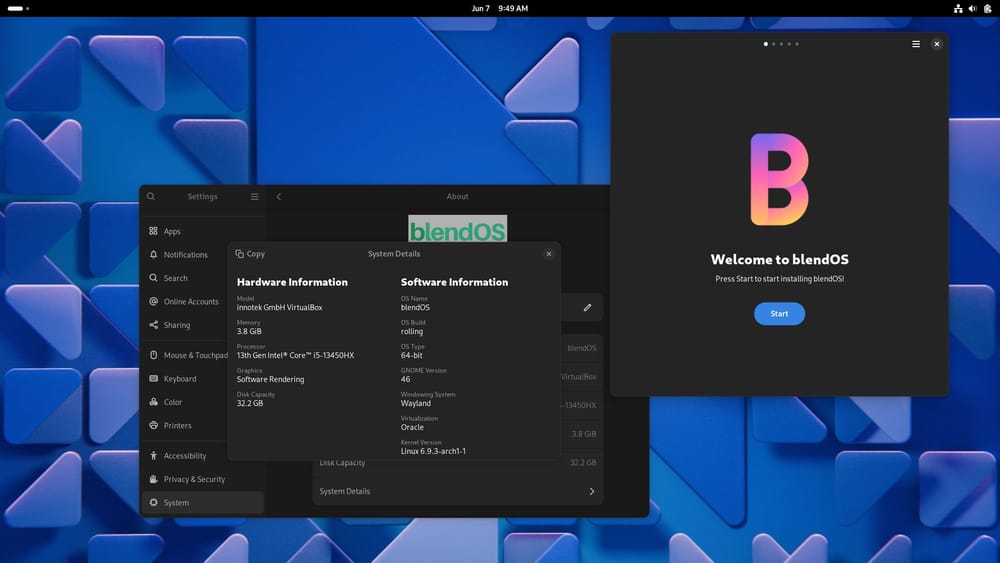 一个 blendOS v4 桌面视图的截图,显示了欢迎和系统详情窗口