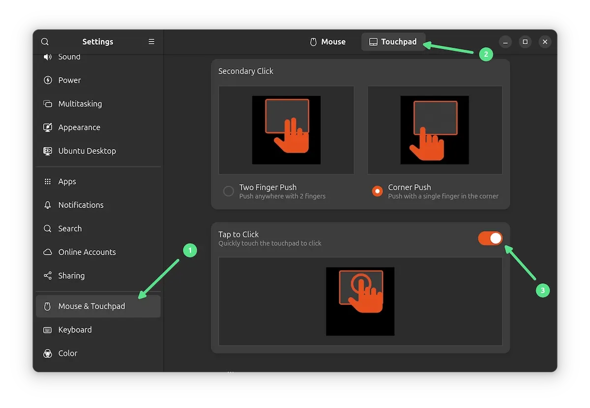 Enable Tap to click for laptops on Ubuntu 24.04
