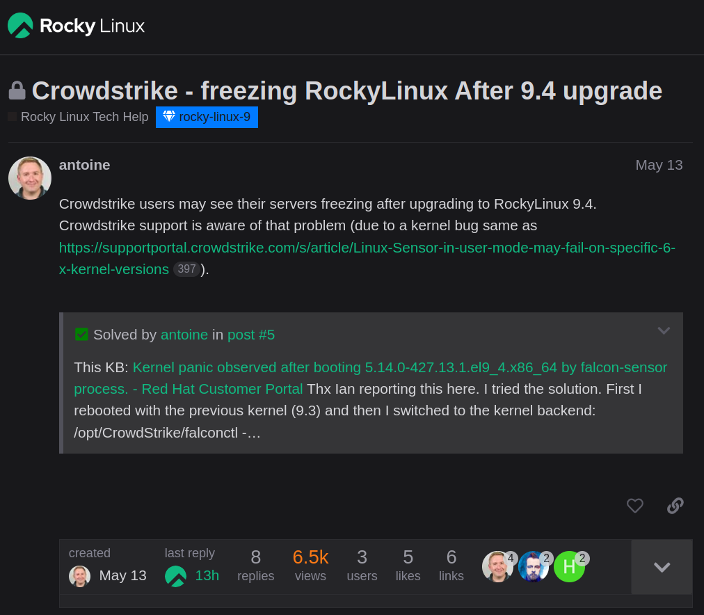 a screenshot of a forum post on rocky linux forums outlining an issue with crowdstrike falcon