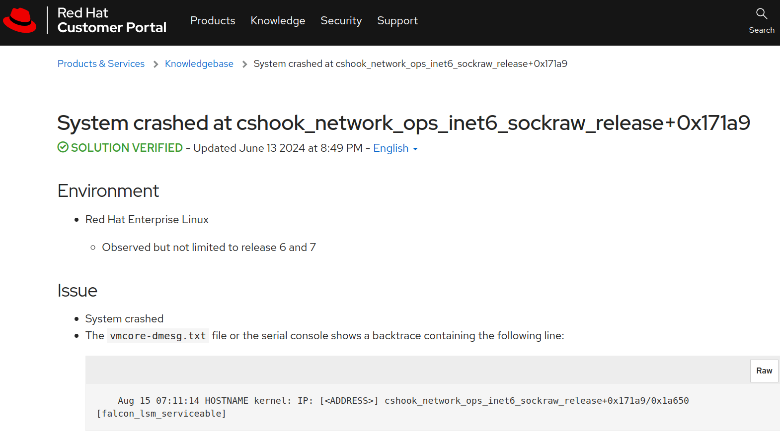a screenshot of red hat customer portal article outlining an issue with cloudflare falcon